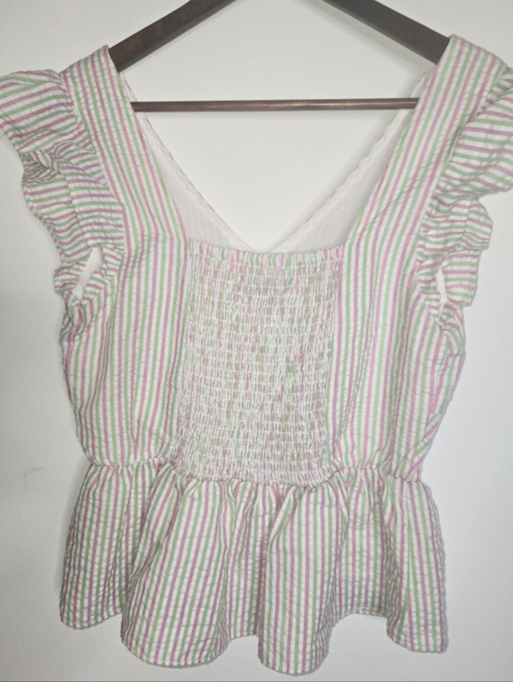 Pink & Green Searsucker Flutter Sleeve Striped V-Neck Peplum Top Smocked Back S - Picture 5 of 12
